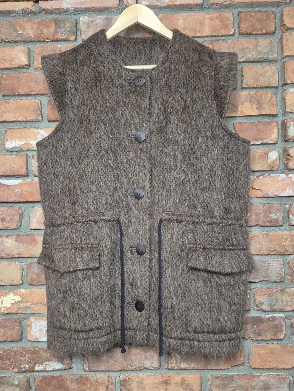 Virgin Wool Mohair Alpaca Longline Utility Vest Drawstring Wood Look Buttons L